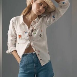Anthropologie Pilcro Embroidered Hearts and Flowers White Button-Up Shirt